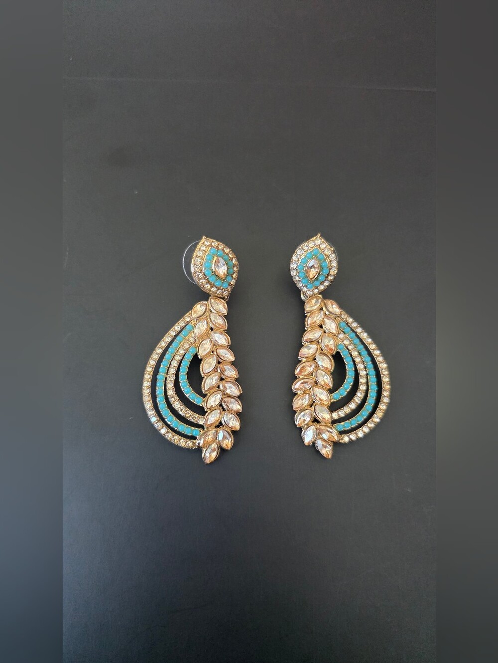 Turquoise Kundan Teardrop Dangle Earrings | Gold Tone Statement Indian Earrings - Picture 4 of 5